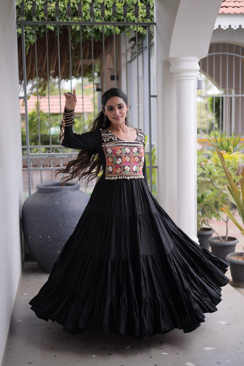 Mahi Black Reyon Kutchi Gamthi Embroidered Gown