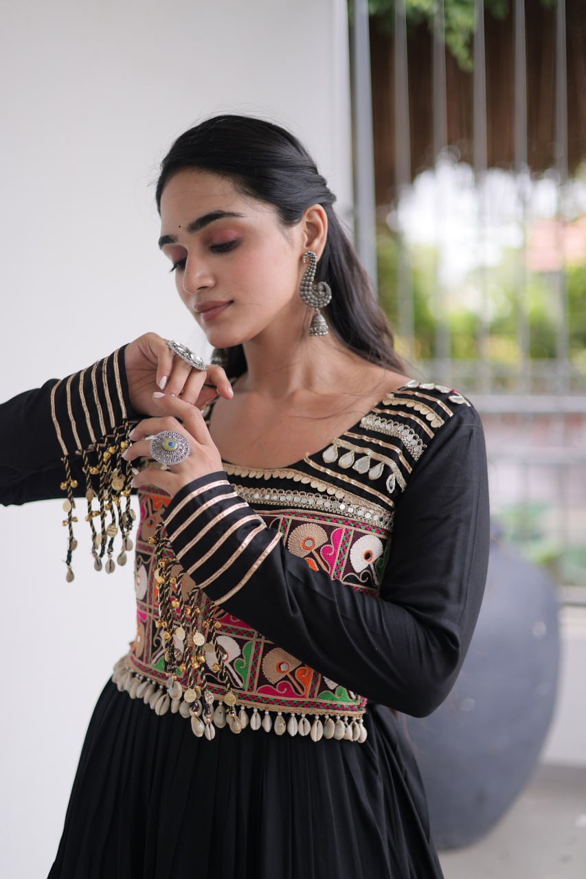 Mahi Black Reyon Kutchi Gamthi Embroidered Gown