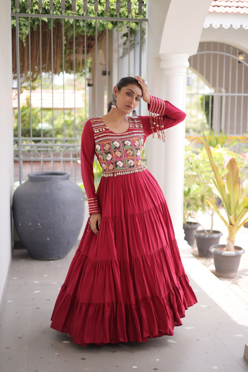 Mahi Maroon Reyon Kutchi Gamthi Embroidered Gown