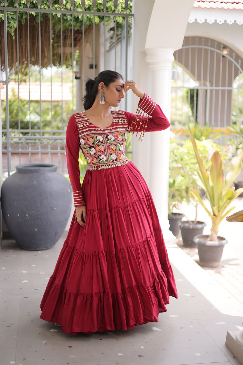 Mahi Maroon Reyon Kutchi Gamthi Embroidered Gown
