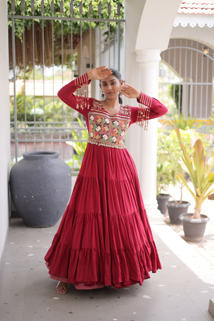 Mahi Maroon Reyon Kutchi Gamthi Embroidered Gown