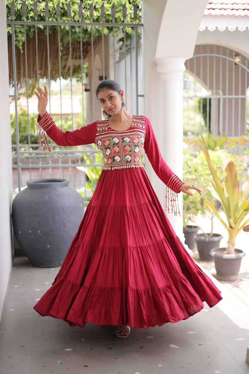 Mahi Maroon Reyon Kutchi Gamthi Embroidered Gown