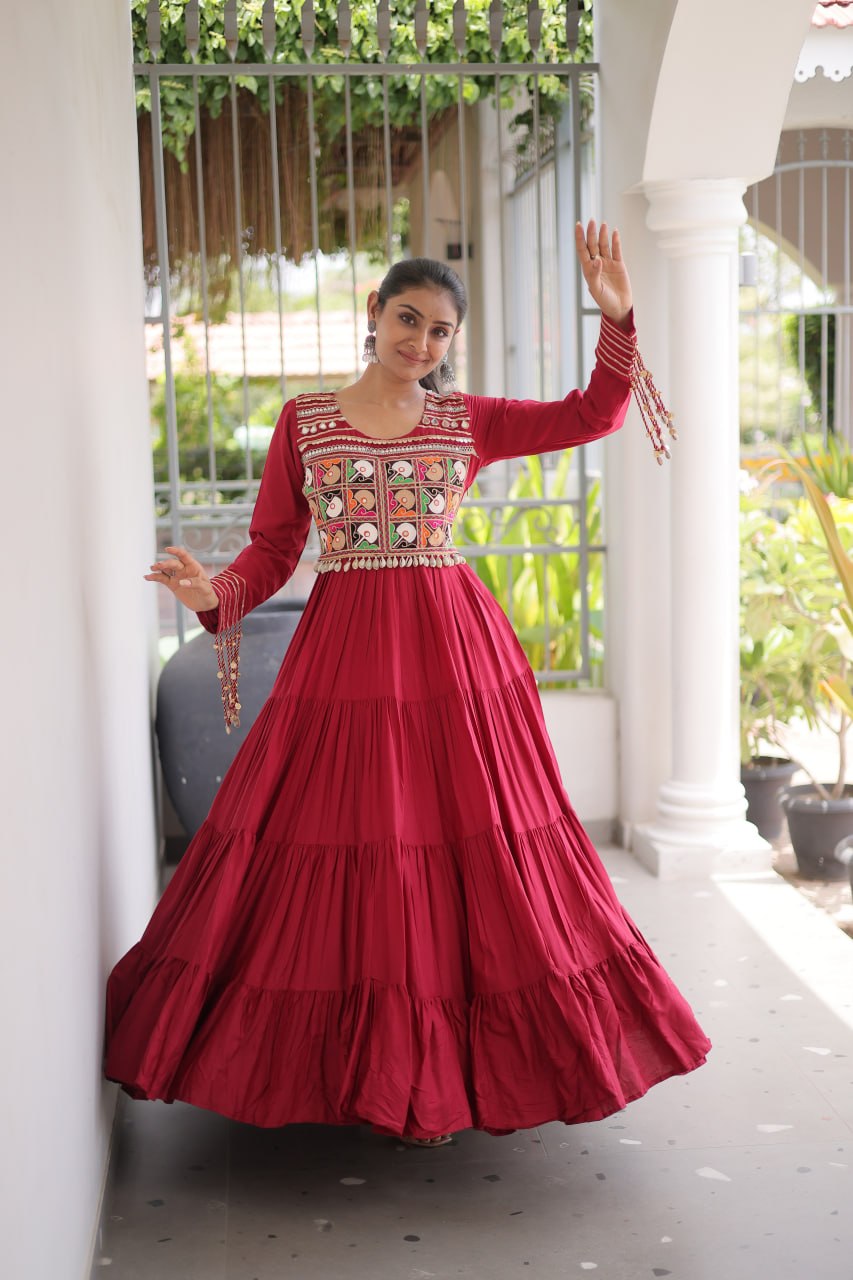 Mahi Maroon Reyon Kutchi Gamthi Embroidered Gown