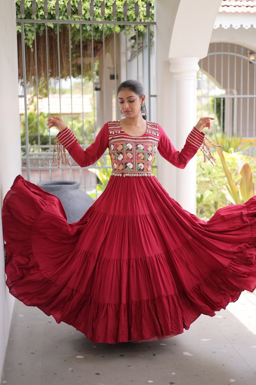 Mahi Maroon Reyon Kutchi Gamthi Embroidered Gown