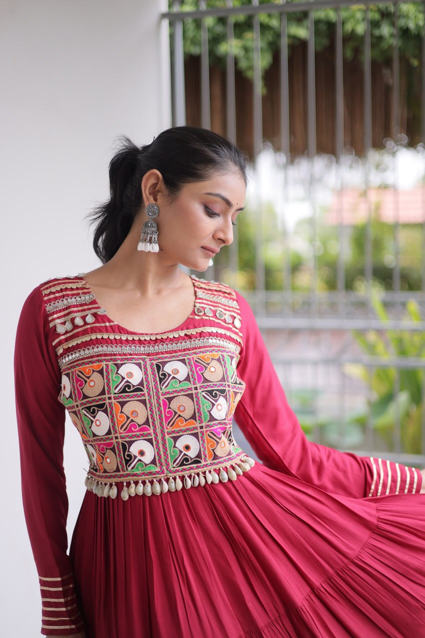 Mahi Maroon Reyon Kutchi Gamthi Embroidered Gown