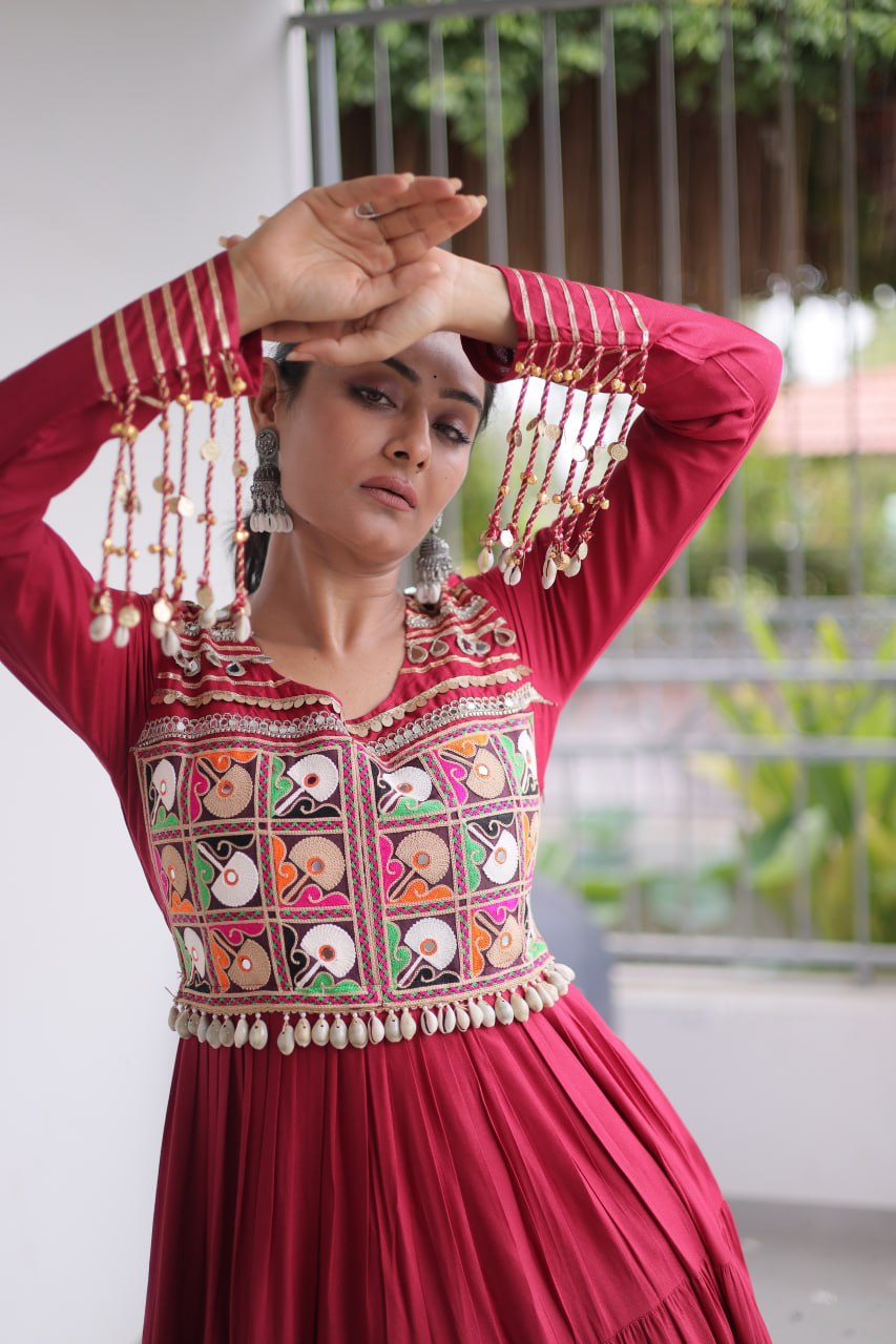 Mahi Maroon Reyon Kutchi Gamthi Embroidered Gown