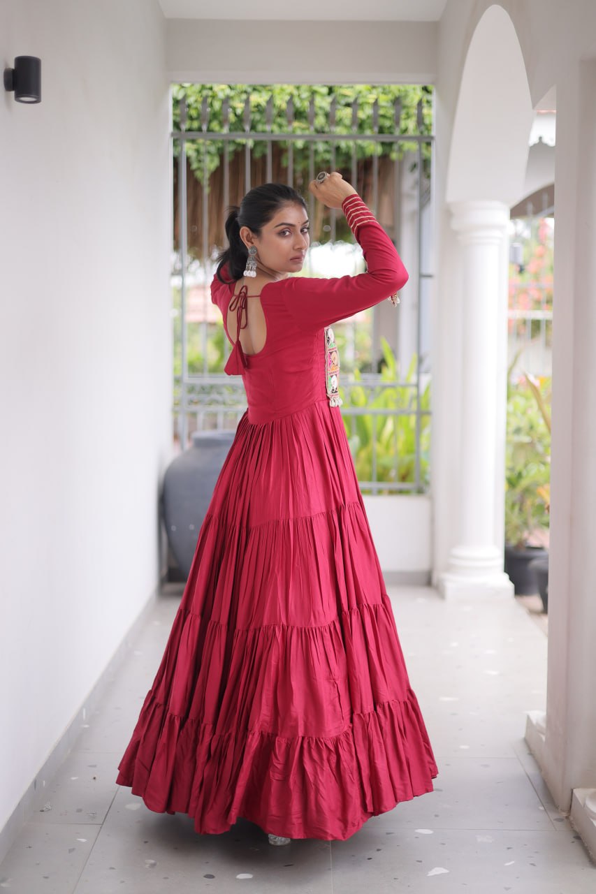 Mahi Maroon Reyon Kutchi Gamthi Embroidered Gown