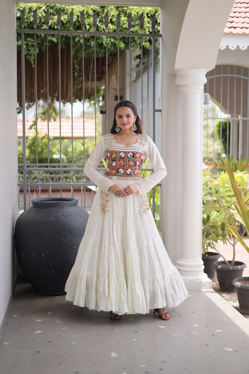 Mahi White Reyon Kutchi Gamthi Embroidered Gown