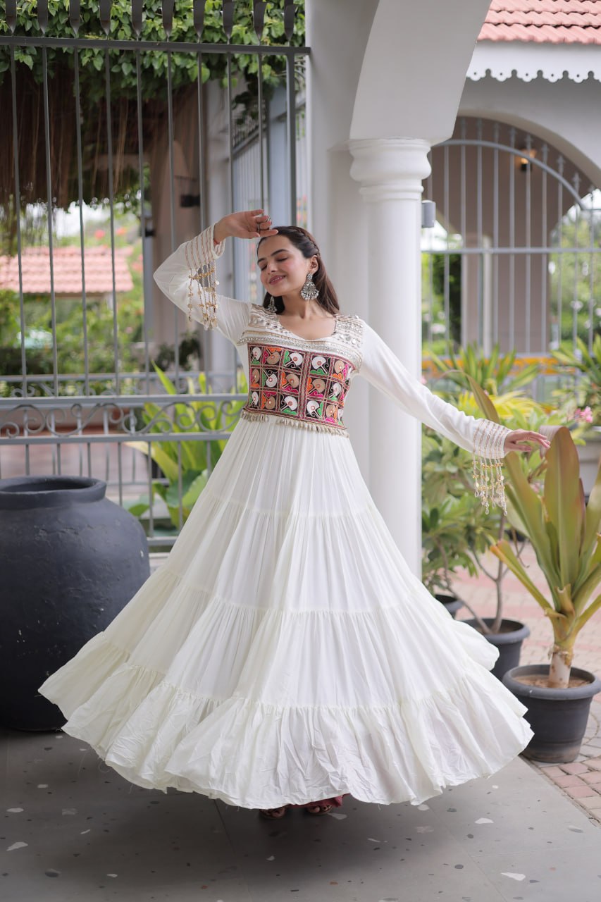 Mahi White Reyon Kutchi Gamthi Embroidered Gown