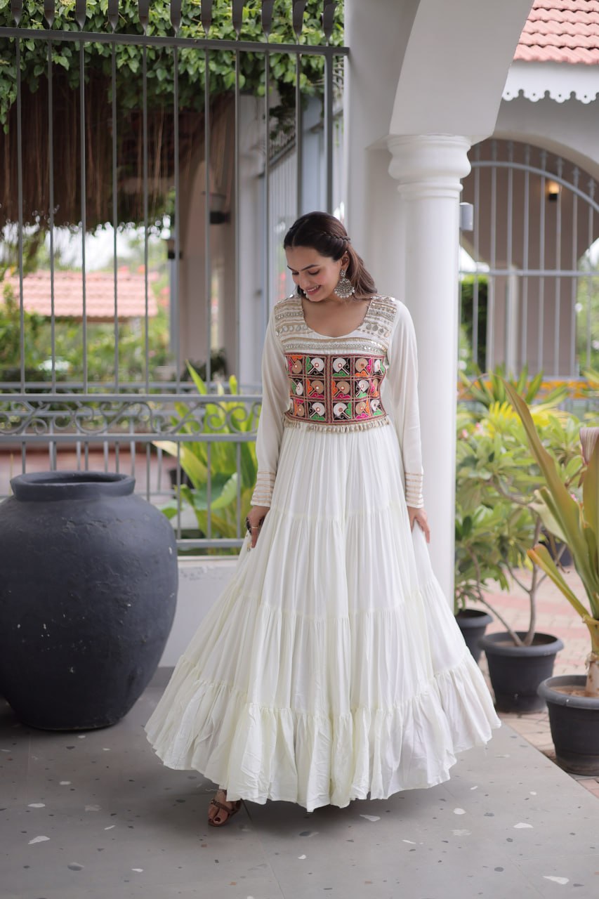 Mahi White Reyon Kutchi Gamthi Embroidered Gown