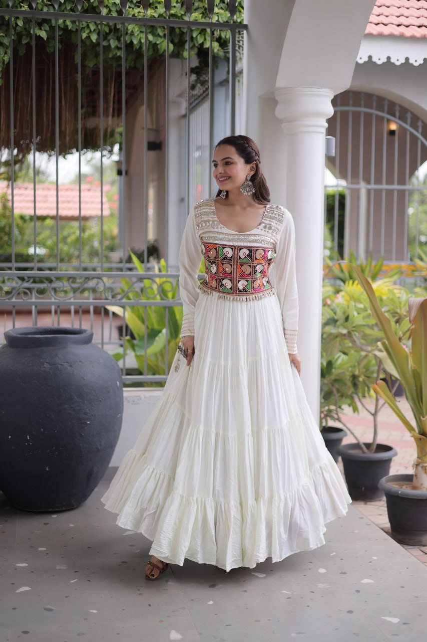 Mahi White Reyon Kutchi Gamthi Embroidered Gown