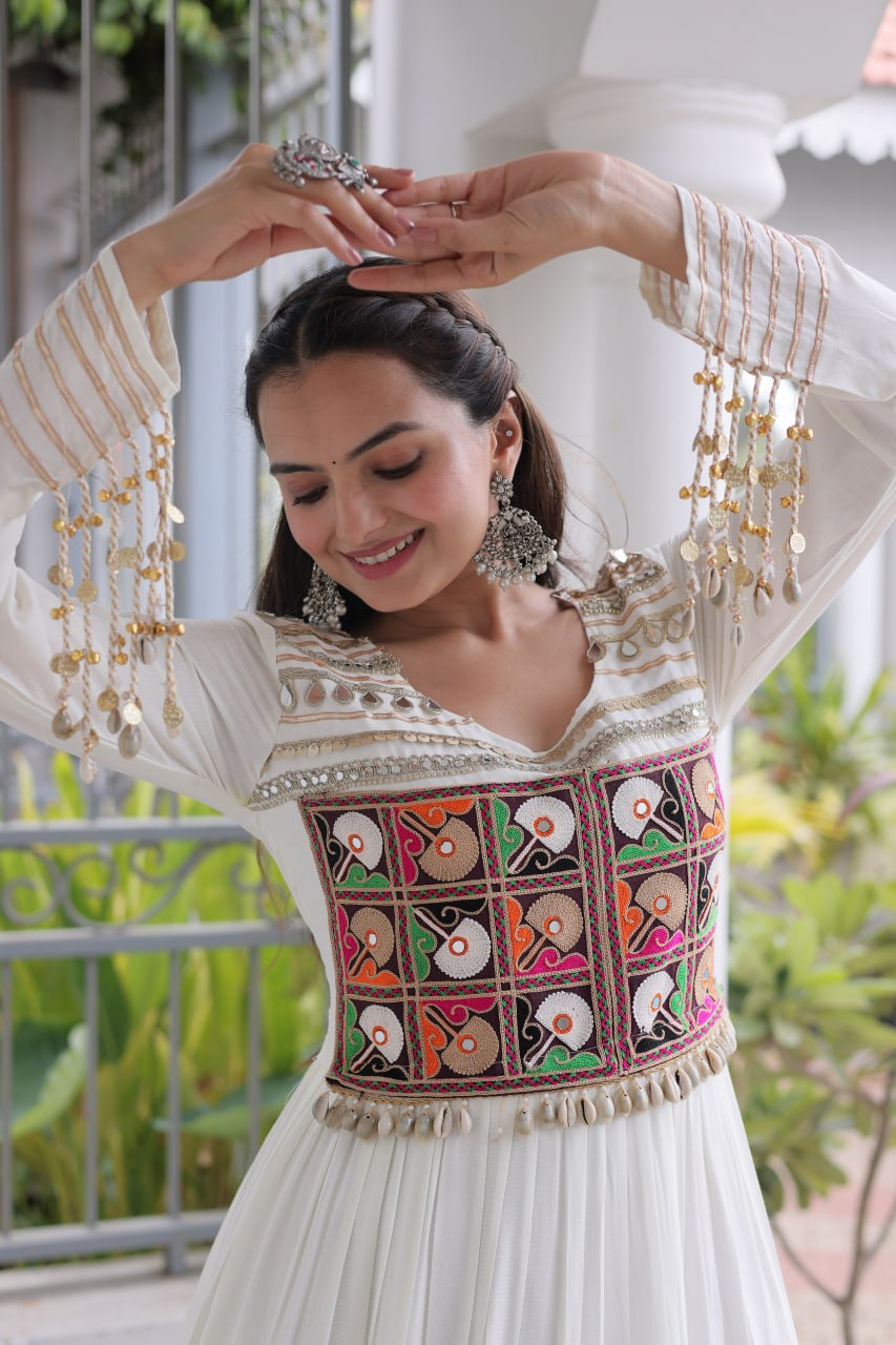 Mahi White Reyon Kutchi Gamthi Embroidered Gown