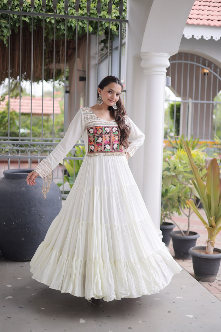 Mahi White Reyon Kutchi Gamthi Embroidered Gown