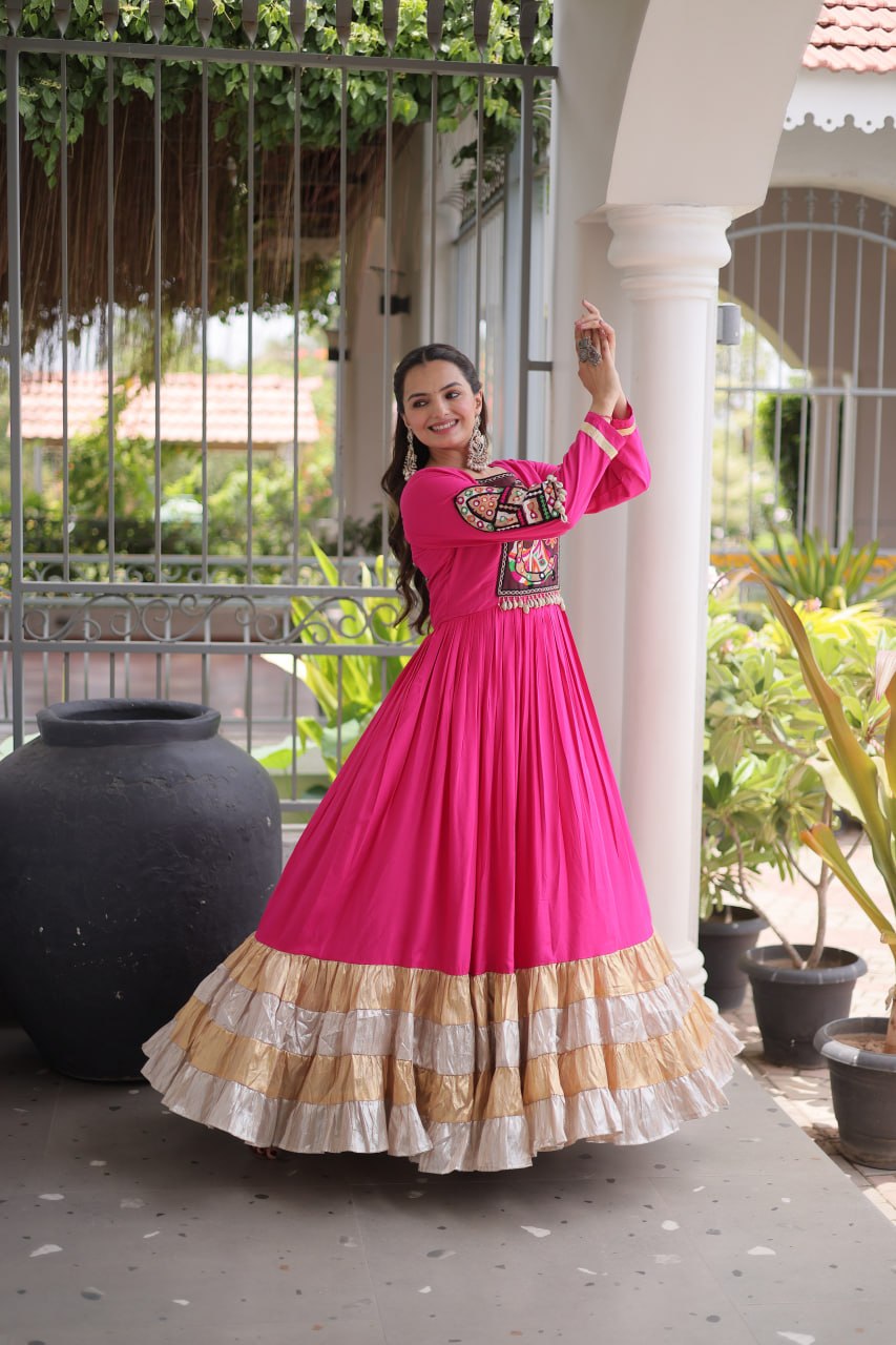 Nisha Pink Reyon Kutchi Gamthi Gown
