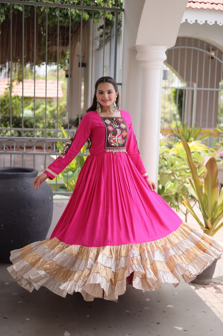 Nisha Pink Reyon Kutchi Gamthi Gown