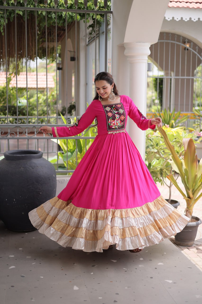 Nisha Pink Reyon Kutchi Gamthi Gown