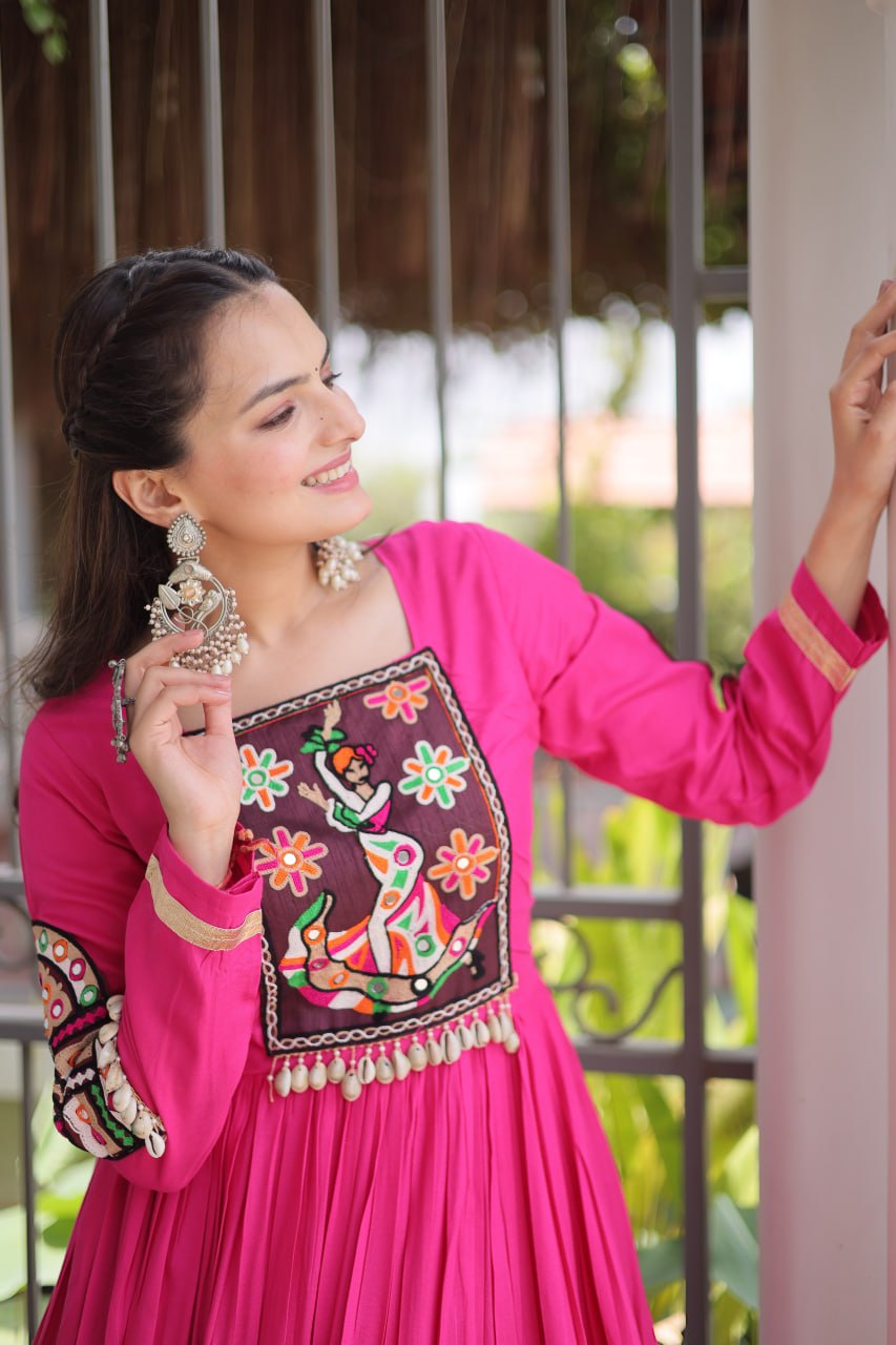 Nisha Pink Reyon Kutchi Gamthi Gown