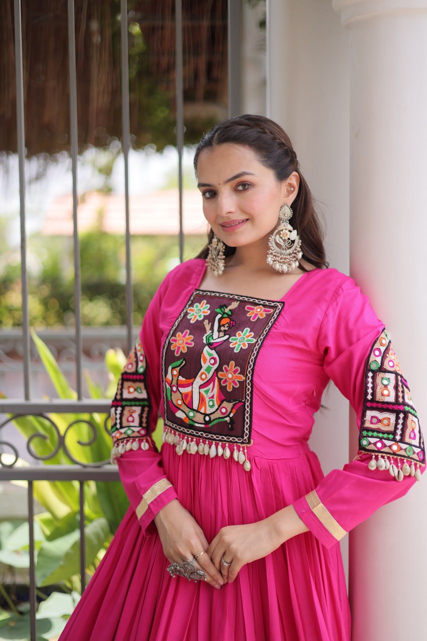 Nisha Pink Reyon Kutchi Gamthi Gown