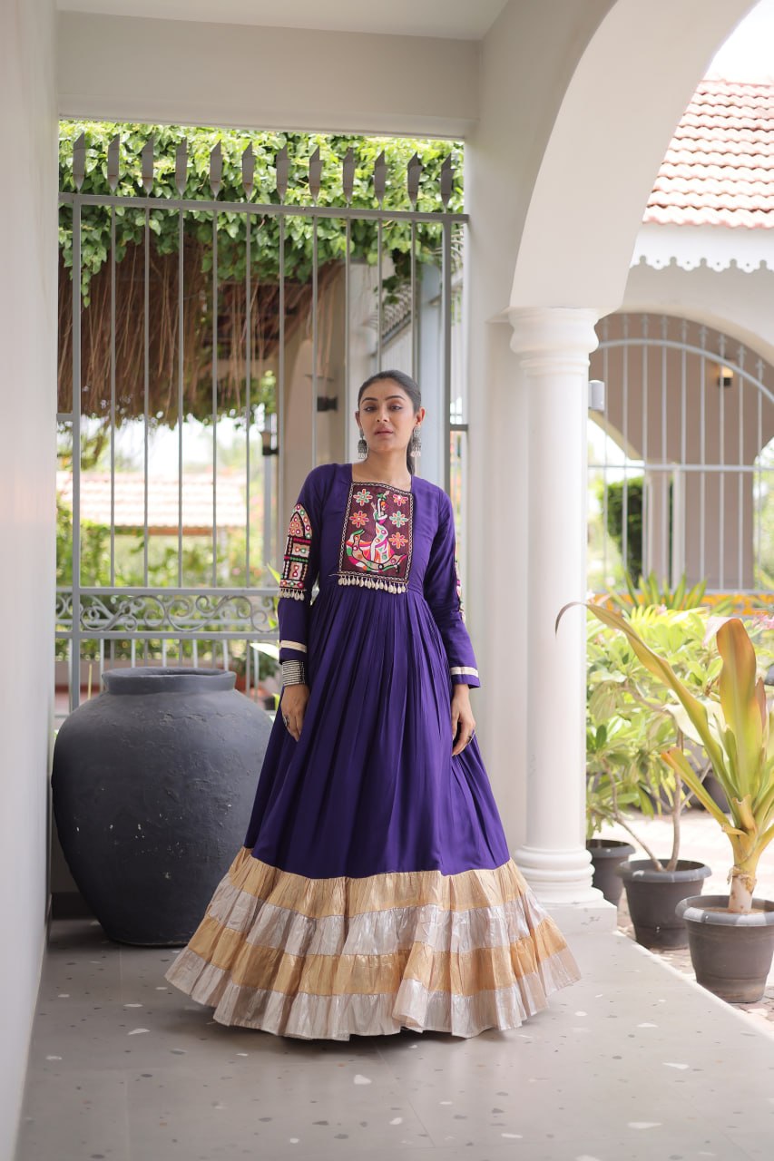 Nisha Blue Reyon Kutchi Gamthi Gown