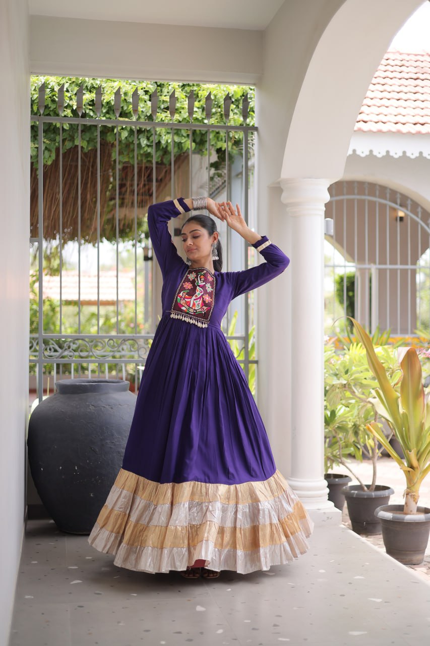 Nisha Blue Reyon Kutchi Gamthi Gown