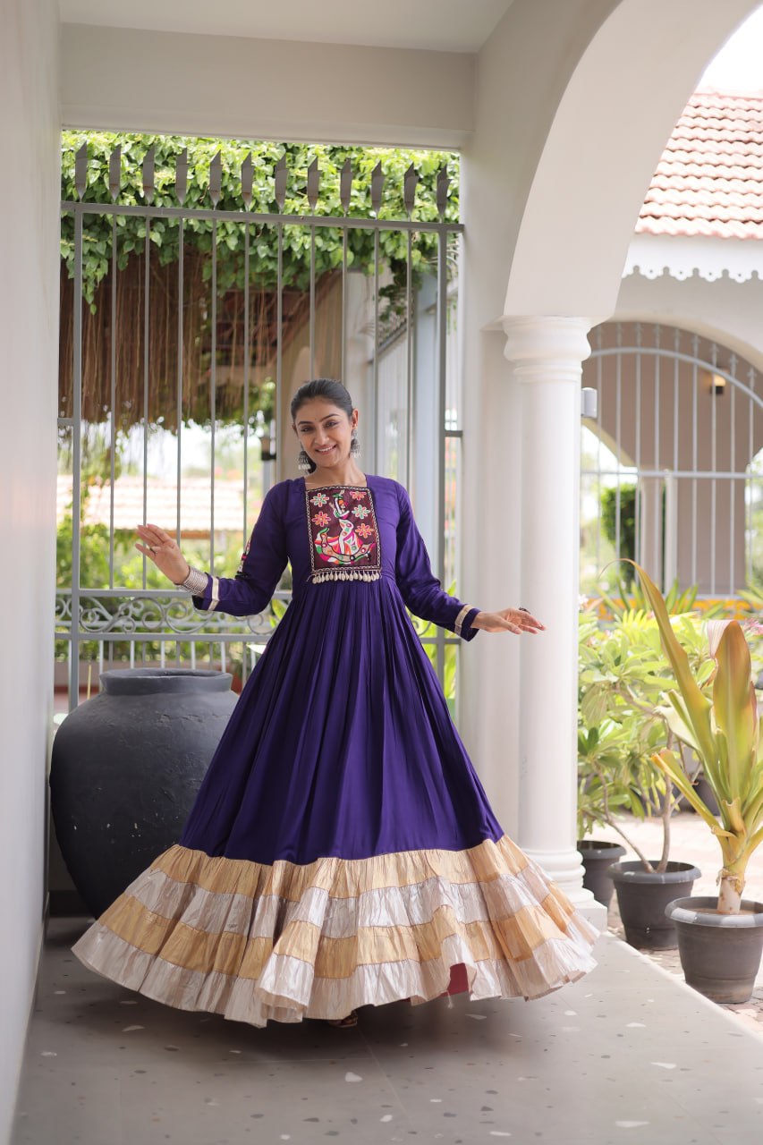 Nisha Blue Reyon Kutchi Gamthi Gown