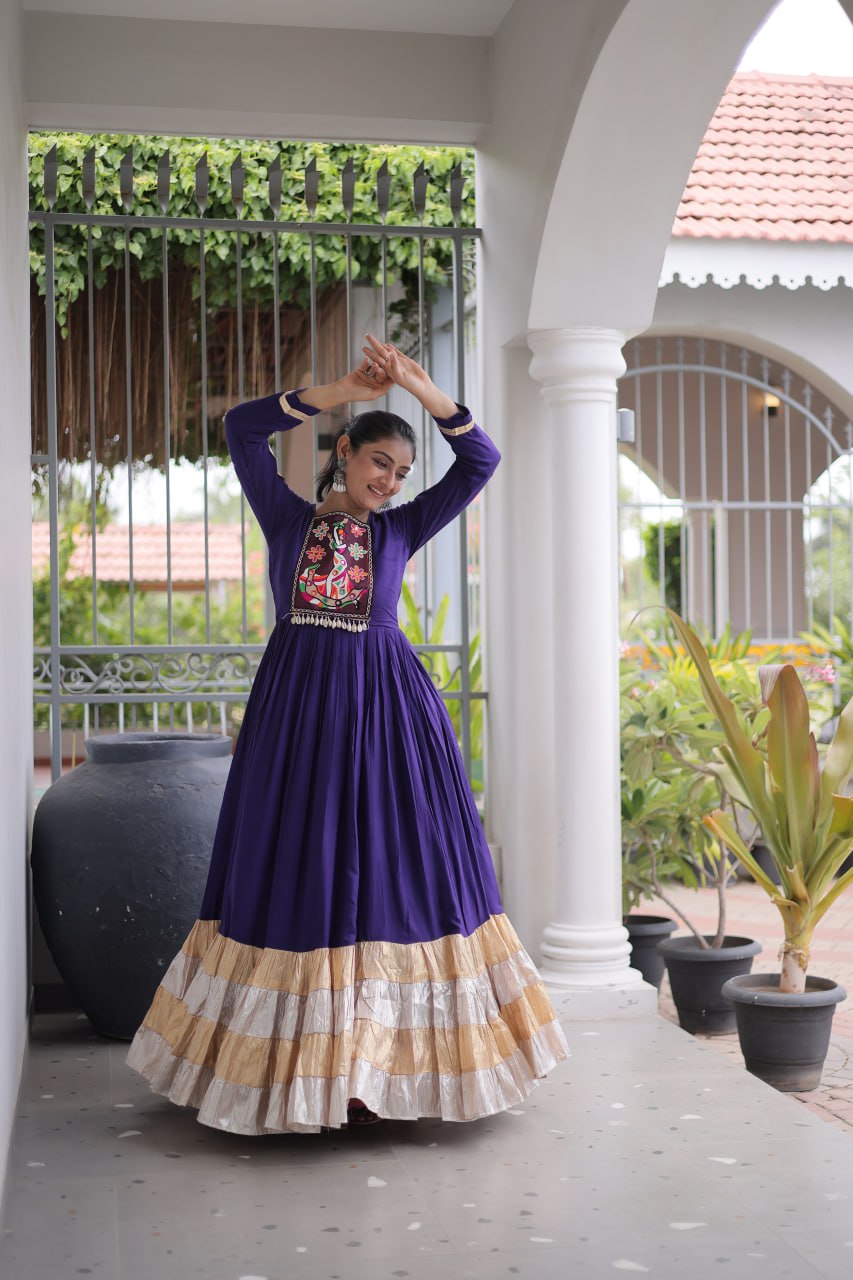 Nisha Blue Reyon Kutchi Gamthi Gown