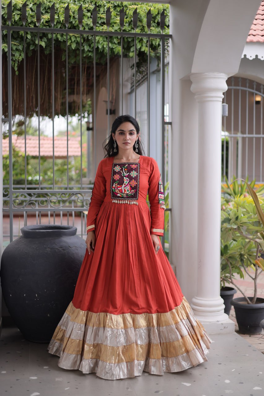 Nisha Rust Orange Reyon Kutchi Gamthi Gown