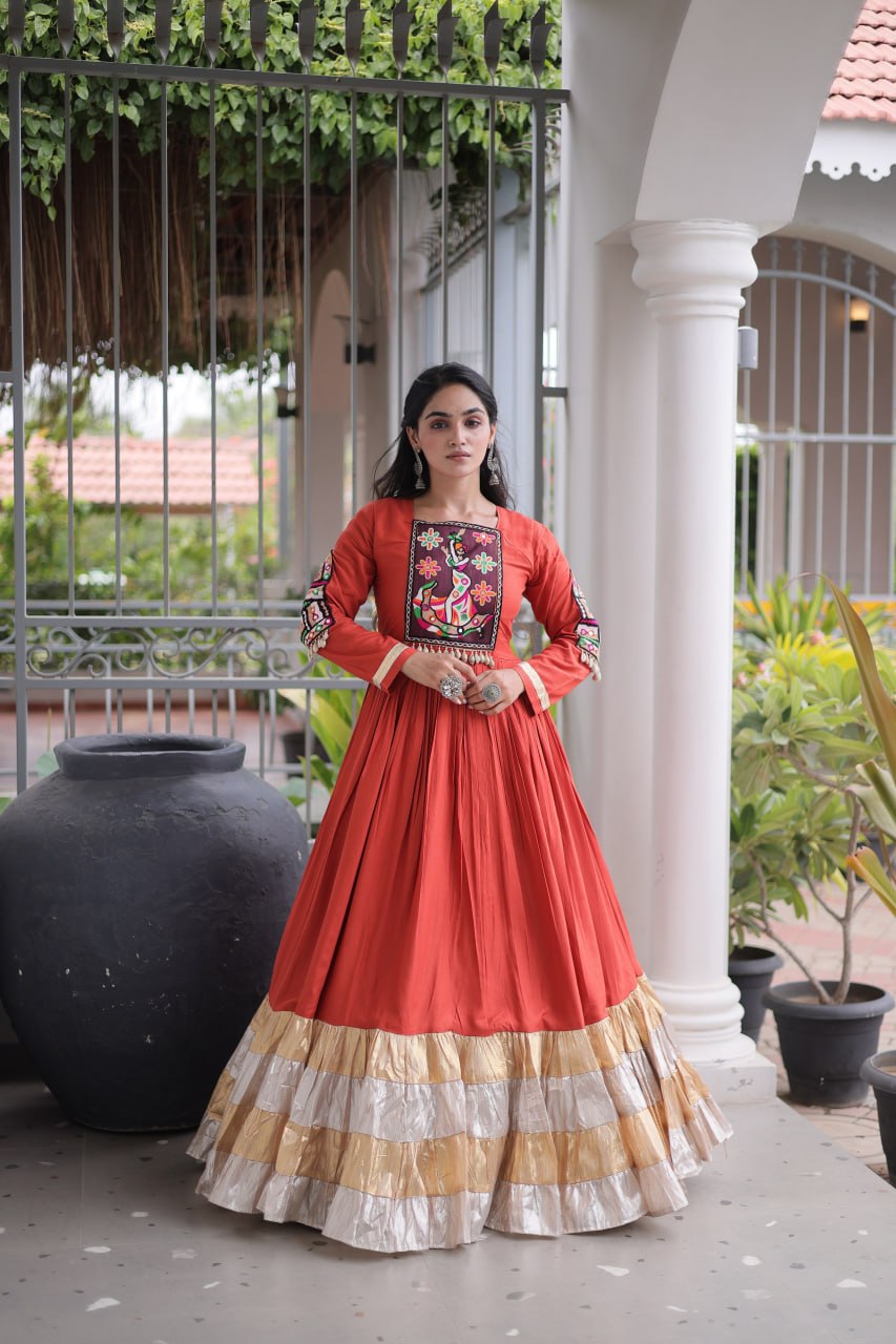 Nisha Rust Orange Reyon Kutchi Gamthi Gown