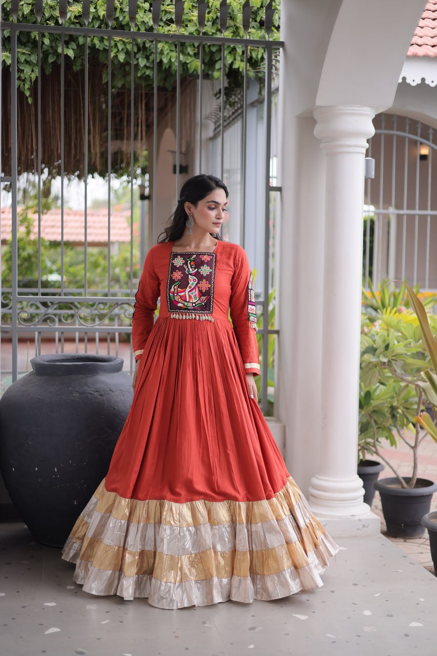 Nisha Rust Orange Reyon Kutchi Gamthi Gown
