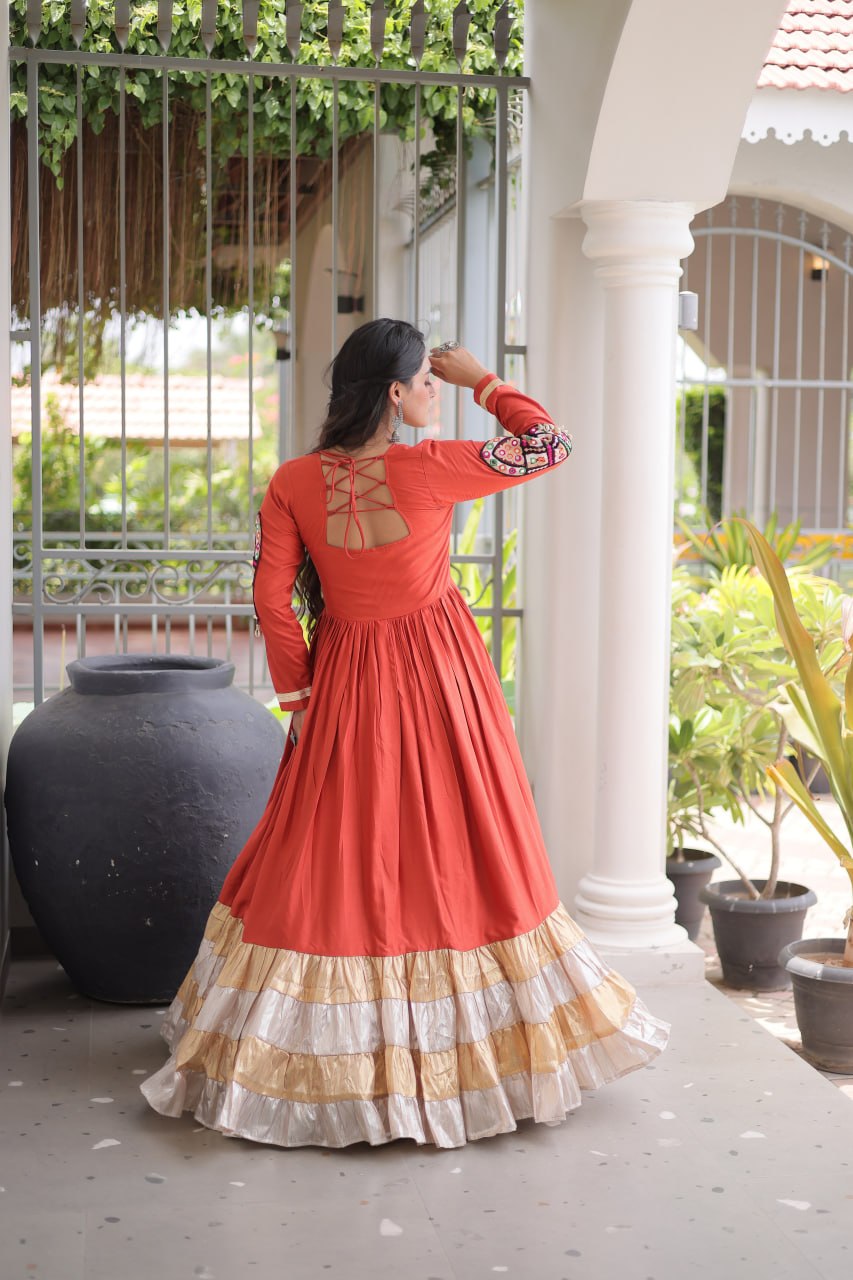Nisha Rust Orange Reyon Kutchi Gamthi Gown