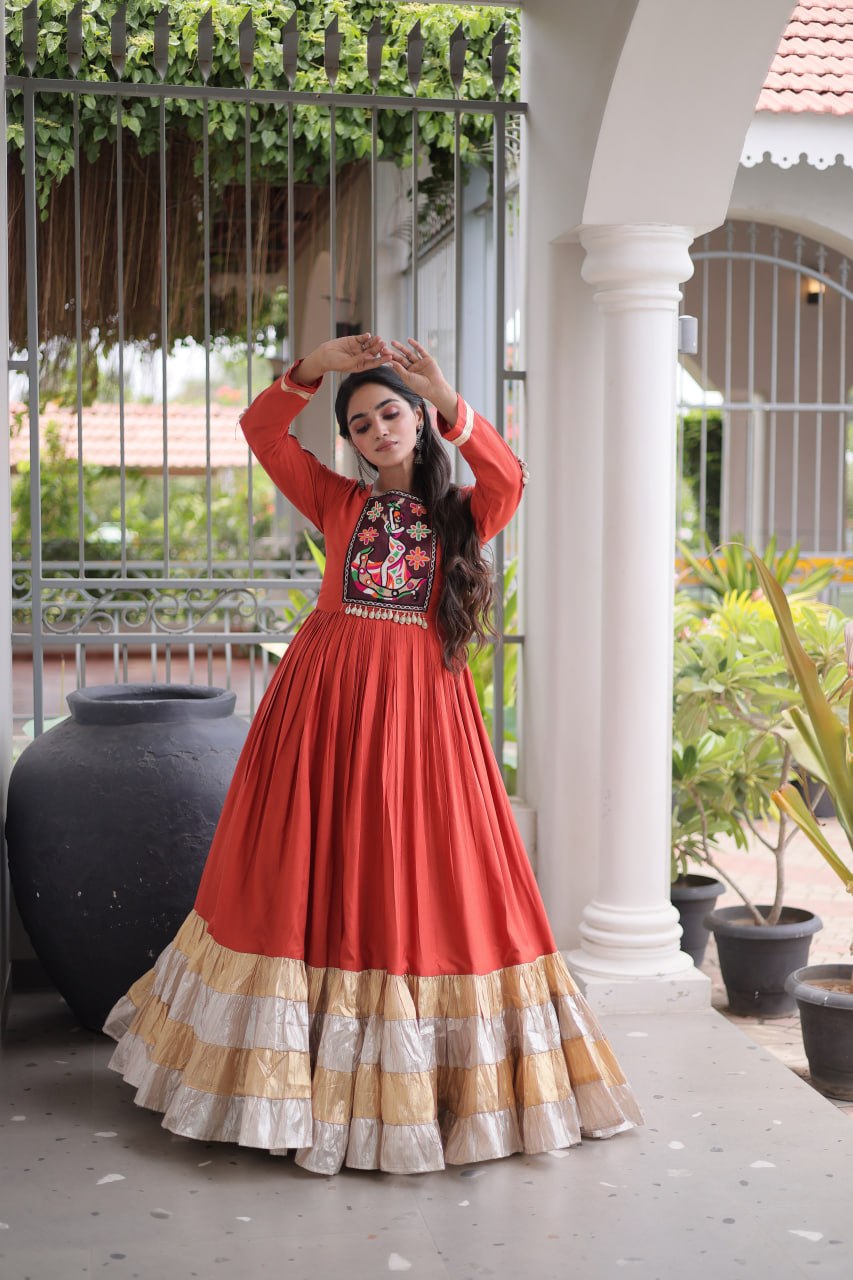 Nisha Rust Orange Reyon Kutchi Gamthi Gown
