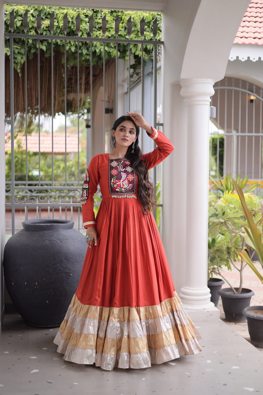 Nisha Rust Orange Reyon Kutchi Gamthi Gown