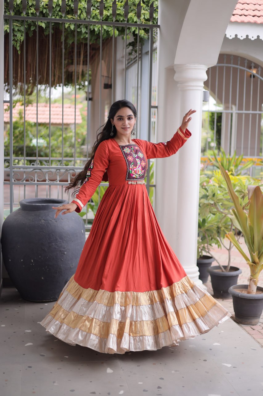 Nisha Rust Orange Reyon Kutchi Gamthi Gown
