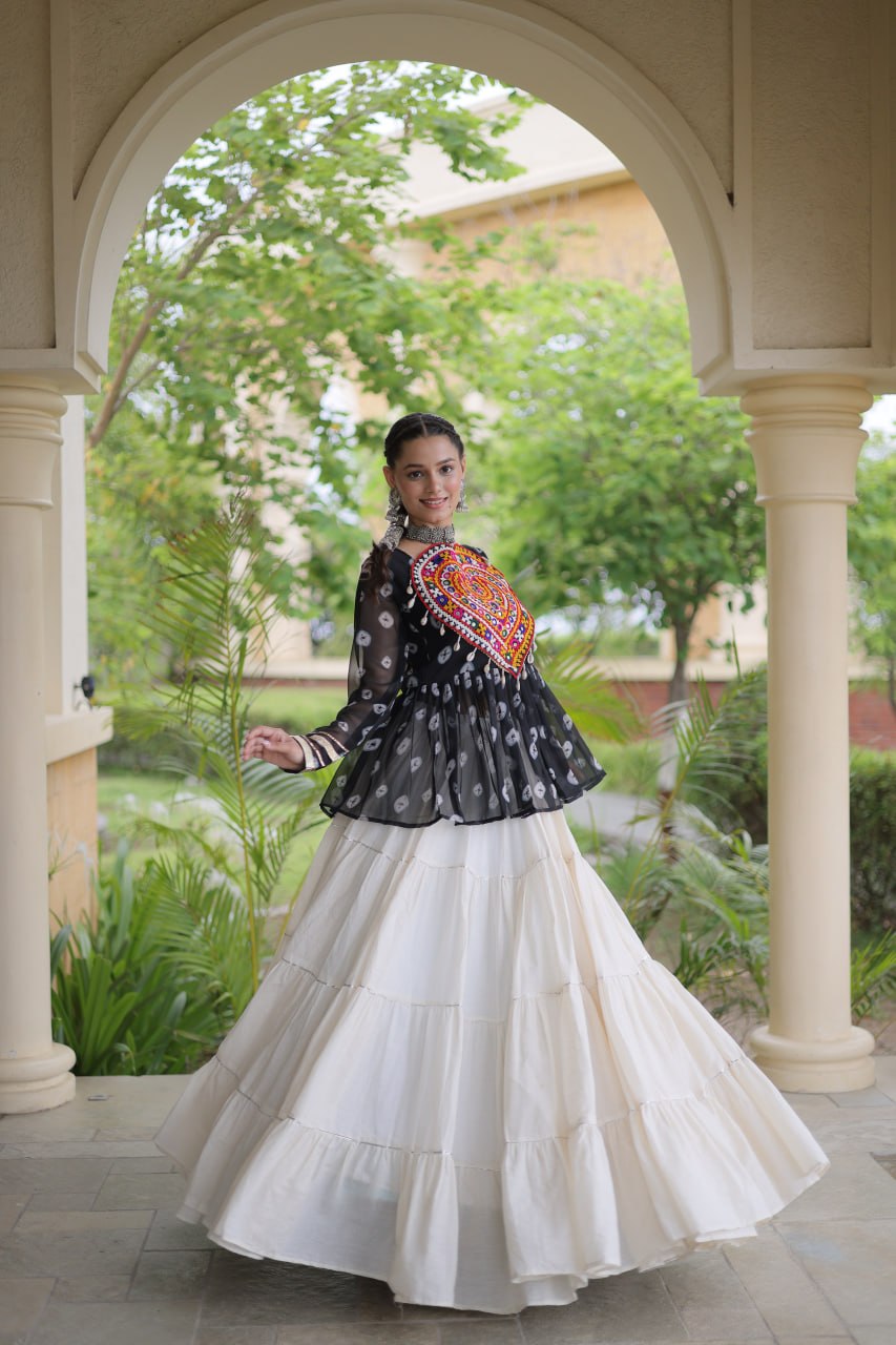 Charvi Black Kora Cotton Bandhni Kutchi Gamthi Lehenga