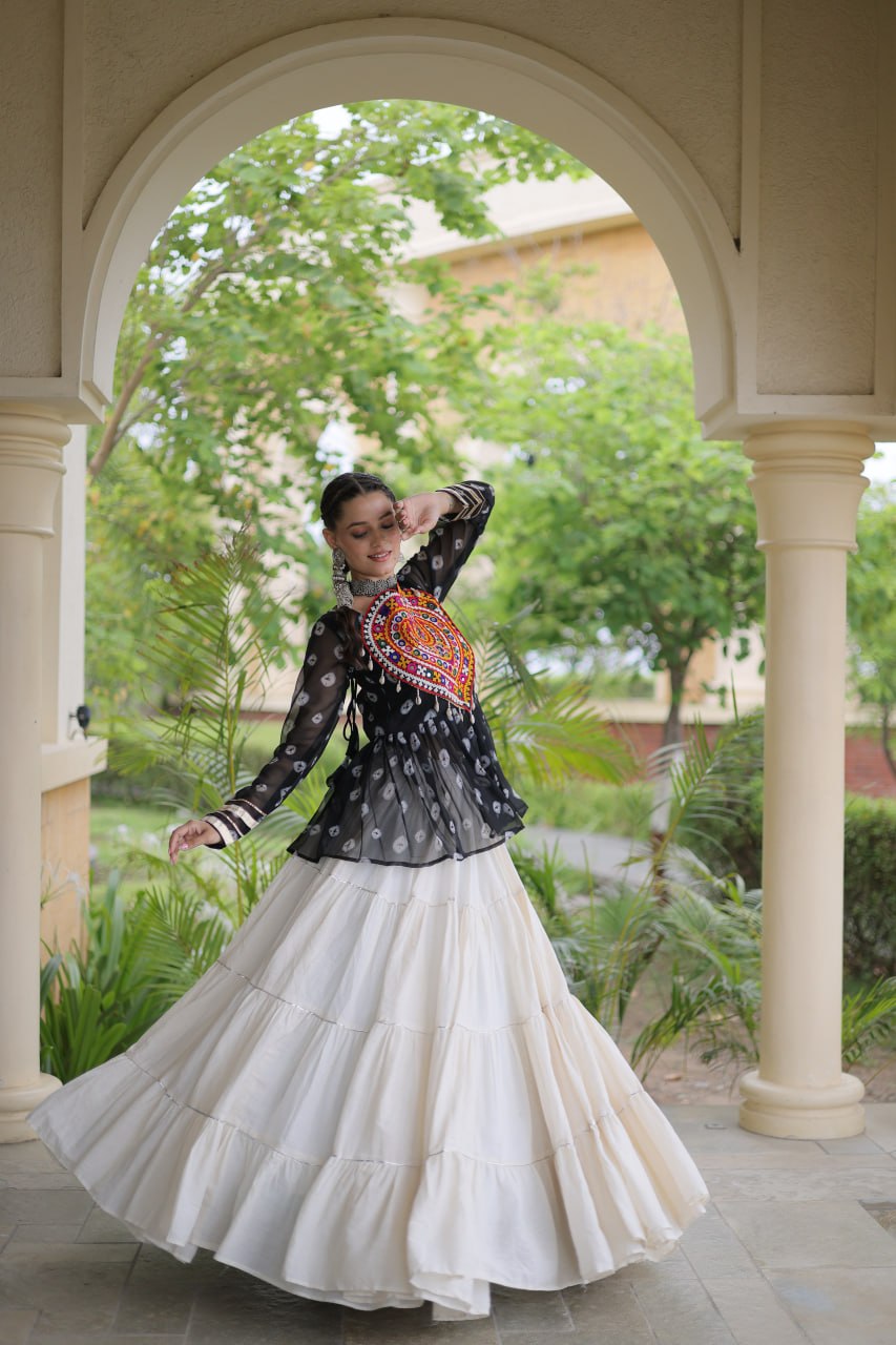 Charvi Black Kora Cotton Bandhni Kutchi Gamthi Lehenga