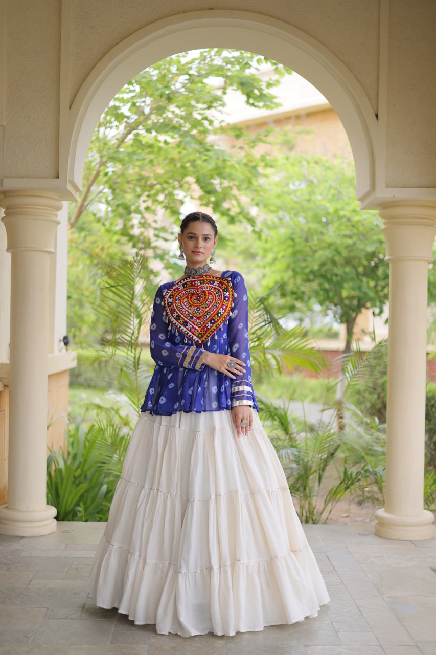 Charvi Blue Kora Cotton Bandhni Kutchi Gamthi Lehenga
