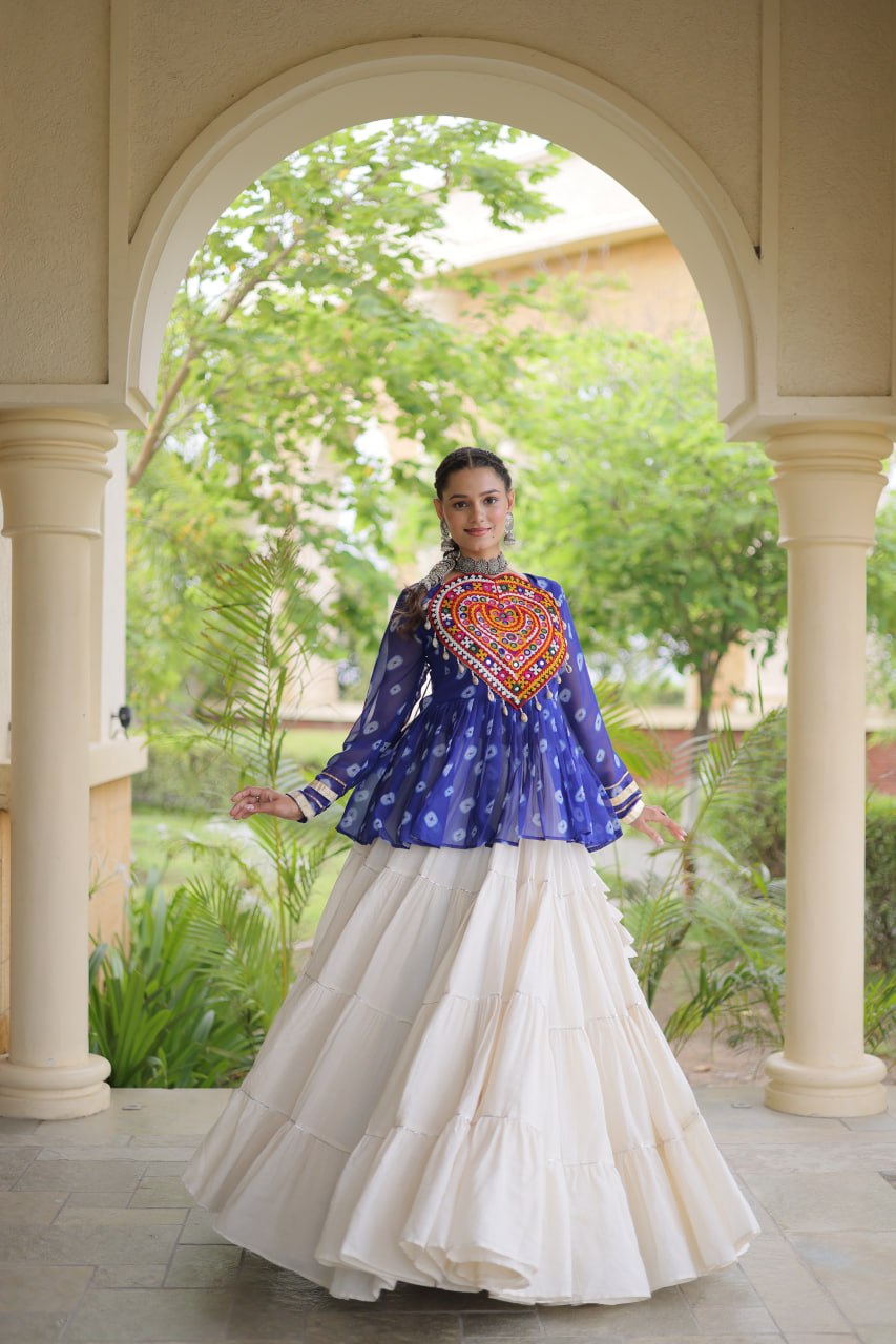 Charvi Blue Kora Cotton Bandhni Kutchi Gamthi Lehenga