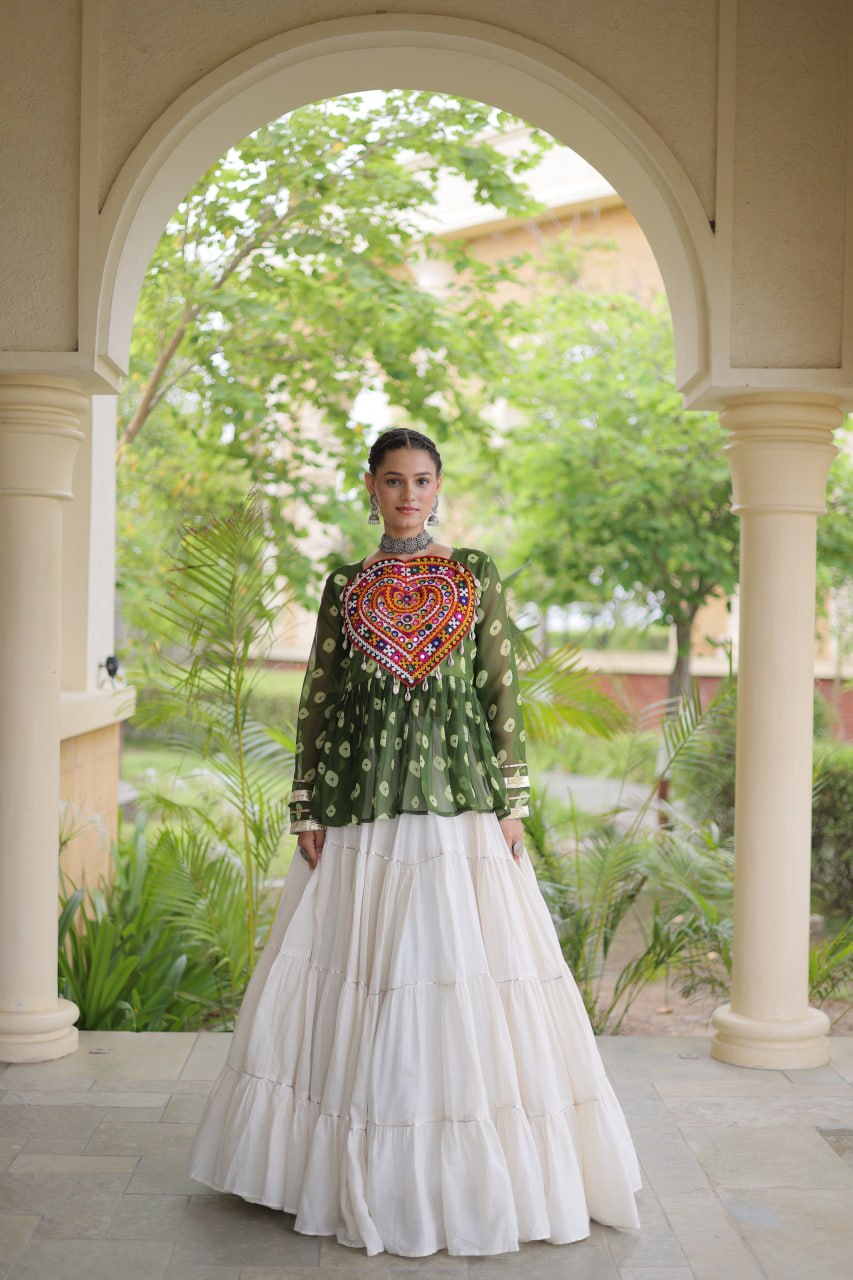 Charvi Green Kora Cotton Bandhni Kutchi Gamthi Lehenga