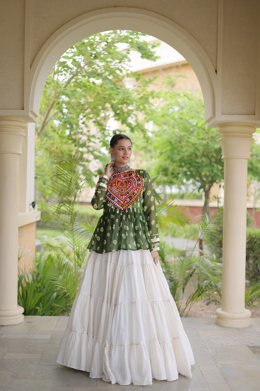 Charvi Green Kora Cotton Bandhni Kutchi Gamthi Lehenga