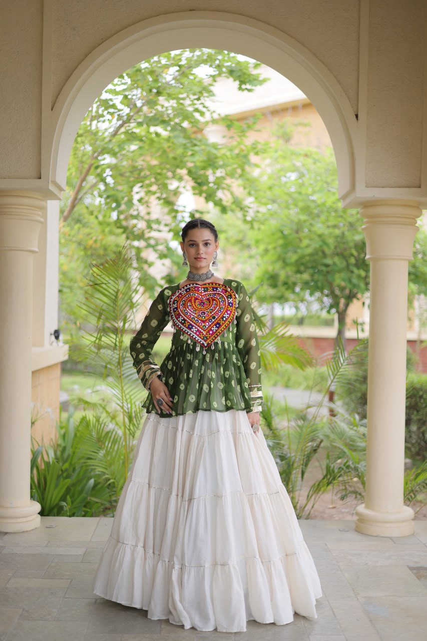 Charvi Green Kora Cotton Bandhni Kutchi Gamthi Lehenga