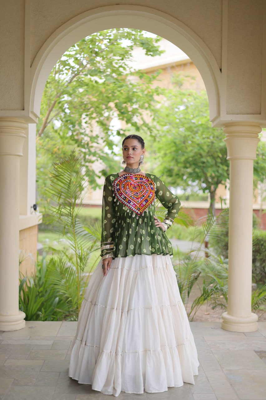 Charvi Green Kora Cotton Bandhni Kutchi Gamthi Lehenga