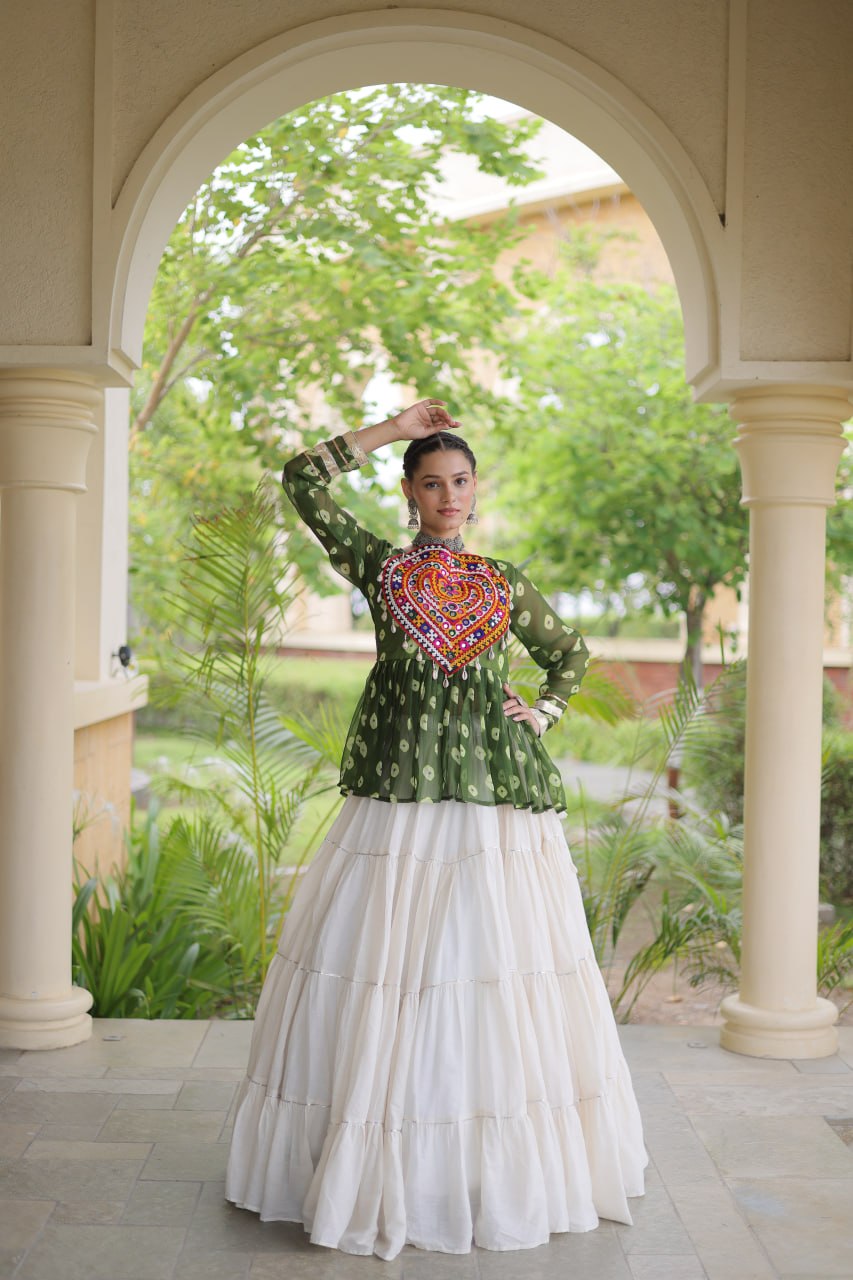 Charvi Green Kora Cotton Bandhni Kutchi Gamthi Lehenga