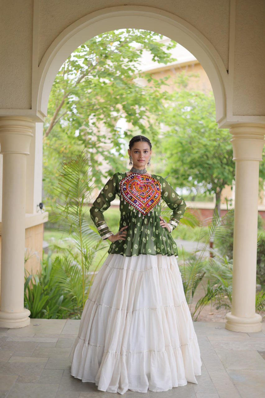 Charvi Green Kora Cotton Bandhni Kutchi Gamthi Lehenga