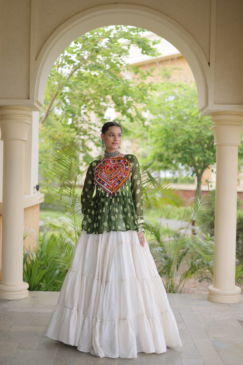 Charvi Green Kora Cotton Bandhni Kutchi Gamthi Lehenga
