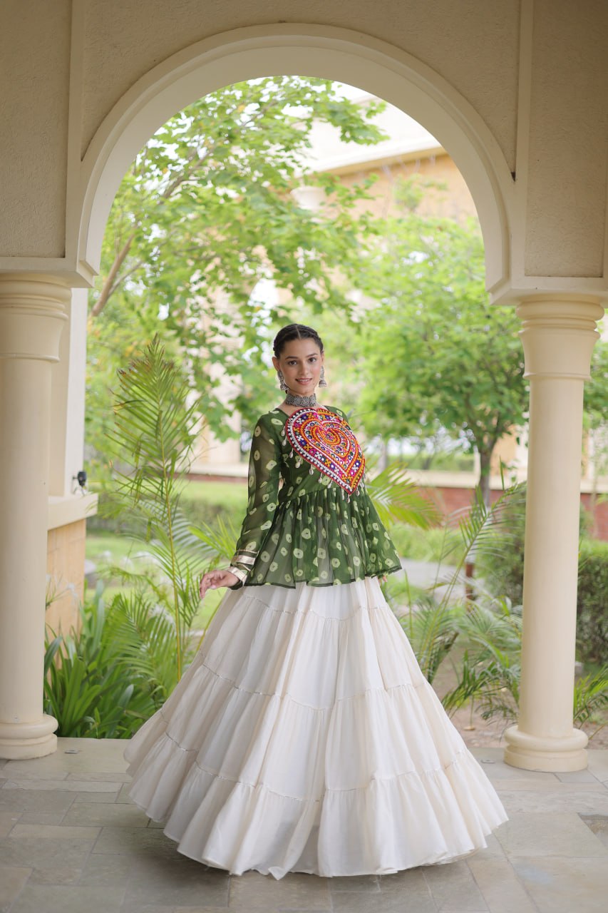 Charvi Green Kora Cotton Bandhni Kutchi Gamthi Lehenga