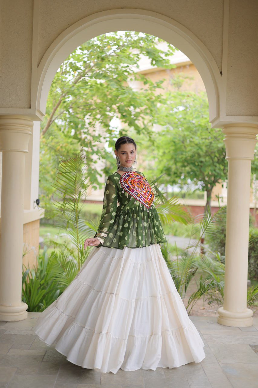 Charvi Green Kora Cotton Bandhni Kutchi Gamthi Lehenga