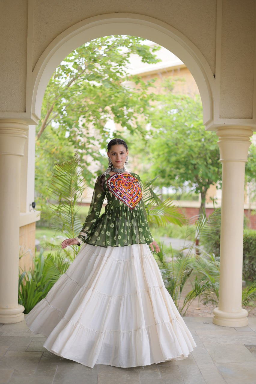 Charvi Green Kora Cotton Bandhni Kutchi Gamthi Lehenga
