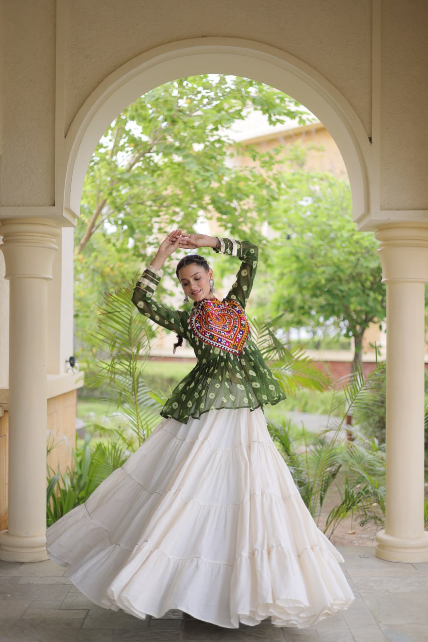 Charvi Green Kora Cotton Bandhni Kutchi Gamthi Lehenga