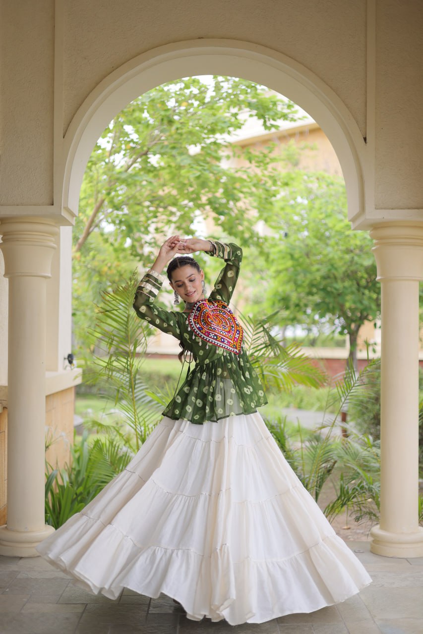 Charvi Green Kora Cotton Bandhni Kutchi Gamthi Lehenga