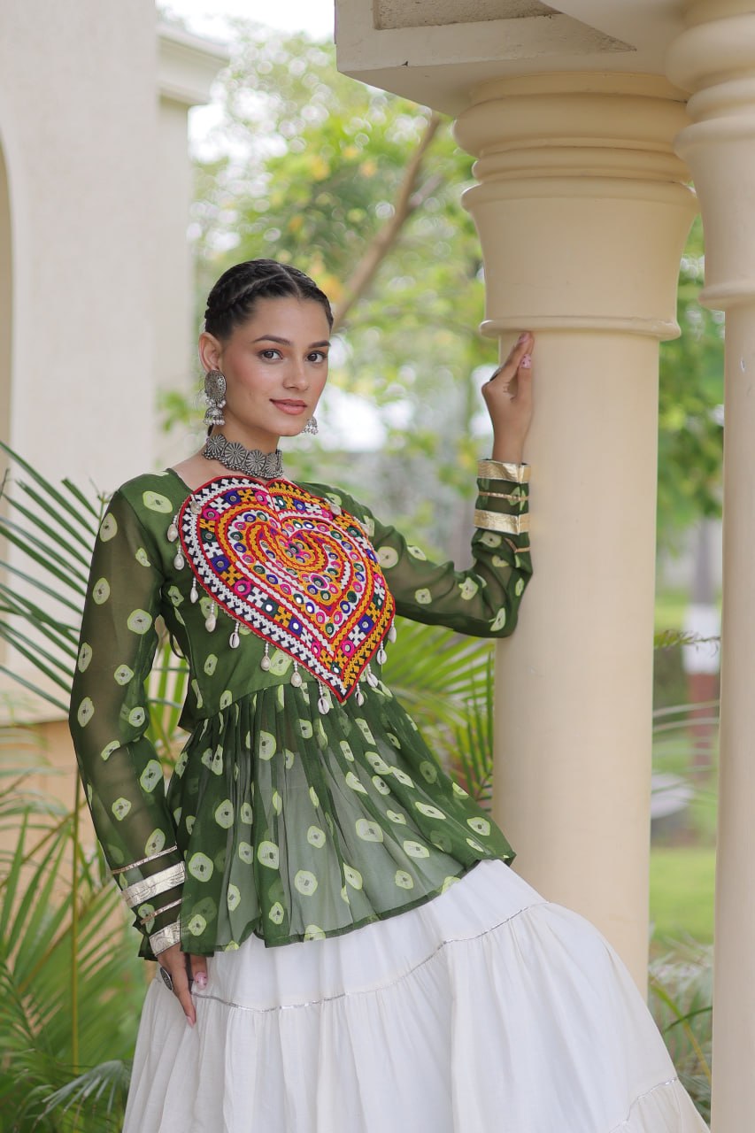 Charvi Green Kora Cotton Bandhni Kutchi Gamthi Lehenga